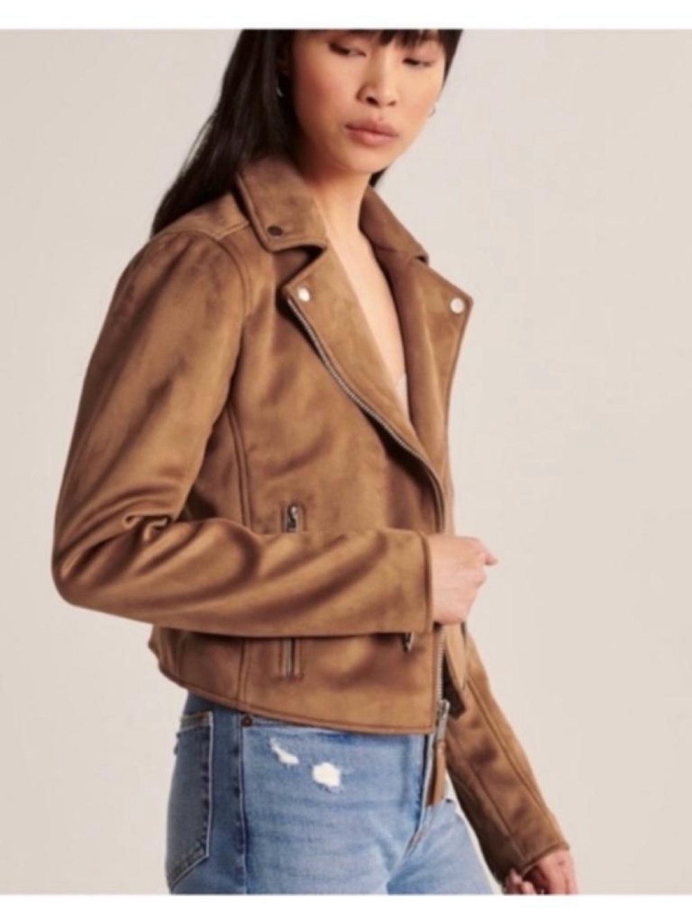 Faux Suede Moto Jacket - Tan